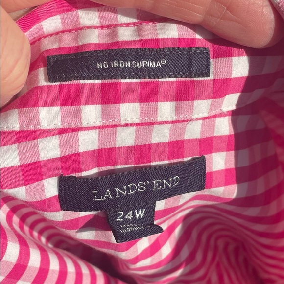 Lands’ End Women’s Top Pink White Gingham Check Cotton No Iron 24W Spring - Picture 7 of 12